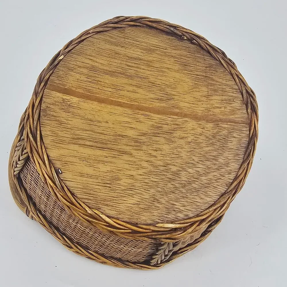 Vintage Boho Hand Woven Rattan Bamboo Wicker Basket w/ Handles Braided Border